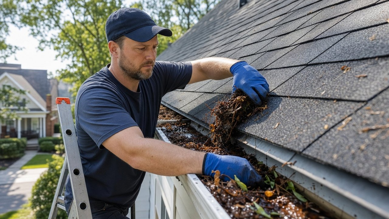 Technician cleaning leaves and debris from a residential gutter in Manteca, CA