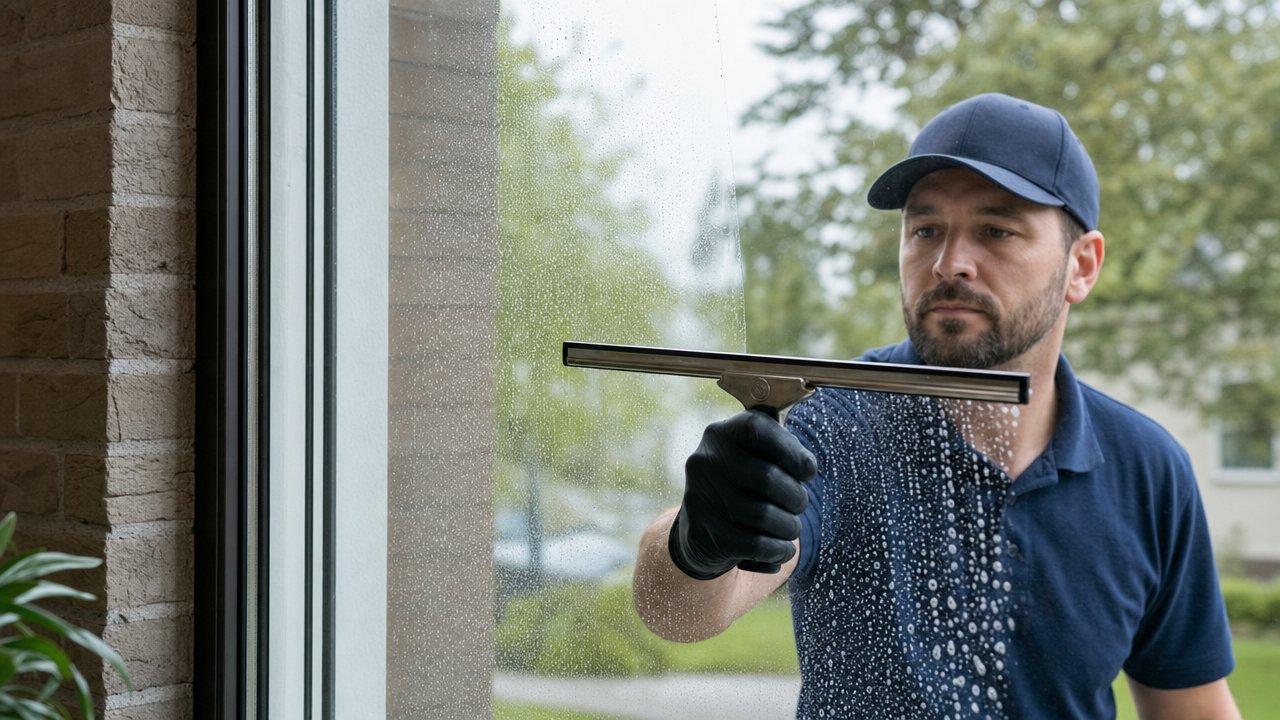 Window cleaner squeegeeing a streak-free residential window in Manteca, CA