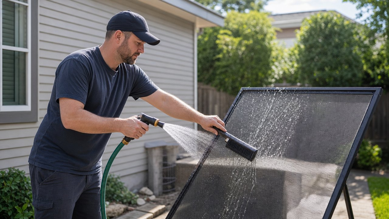 Technician washing a window screen with water and brush in Manteca, CA
