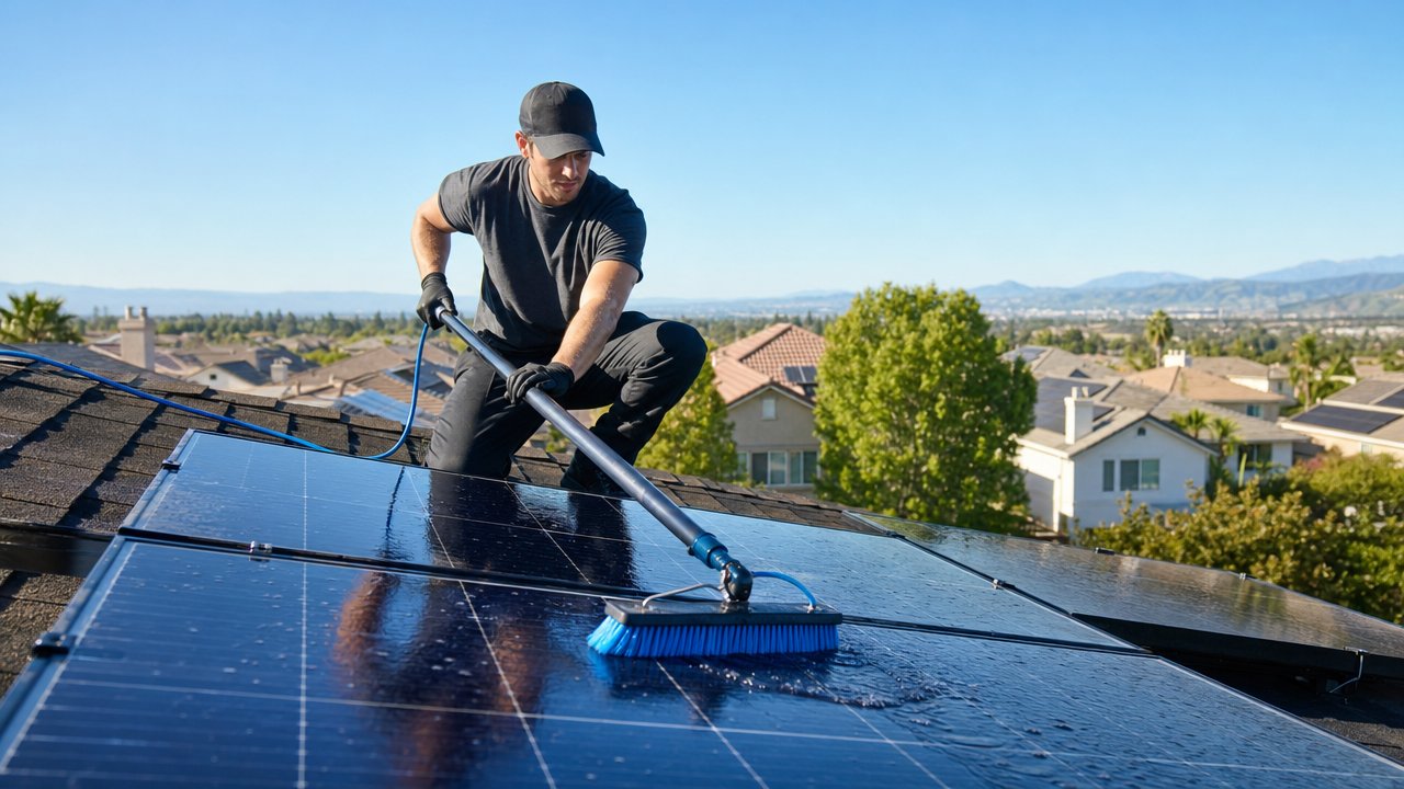 Technician cleaning dust and grime from rooftop solar panels on a Manteca, CA home